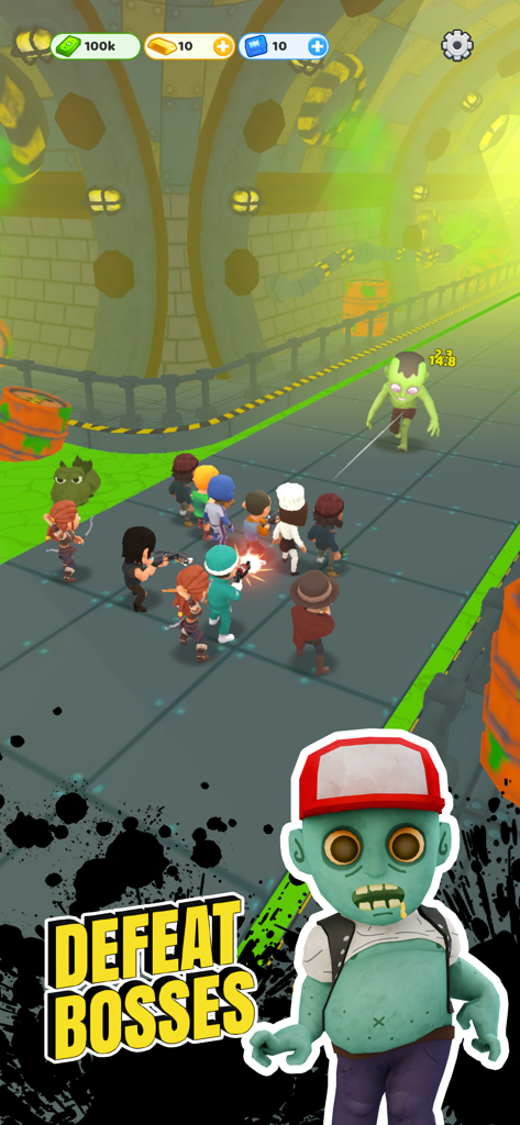 Survivor Idle Run: Z-RPG Game - Un grupo de supervivientes luchando contra un jefe zombi verde en un nivel de alcantarilla tóxica