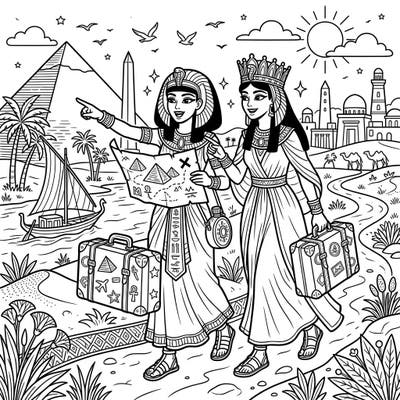Step into history and imagination with this enchanting coloring page featuring two powerful Queens of Egypt exploring new lands. Grab your colors and join their grand vacation, filled with ancient wonders and exciting discoveries.