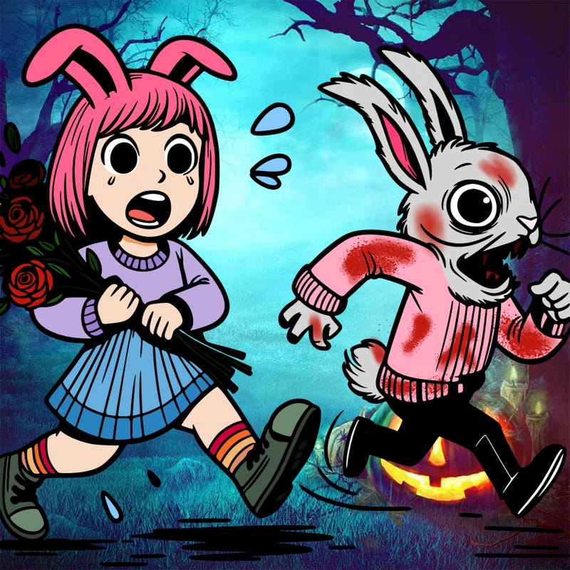 girl getting chased by a crazy creepy bunny