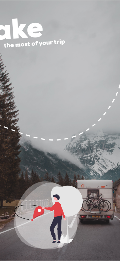 Motorhome parked on a scenic mountain road with an illustration of a man placing a location pin