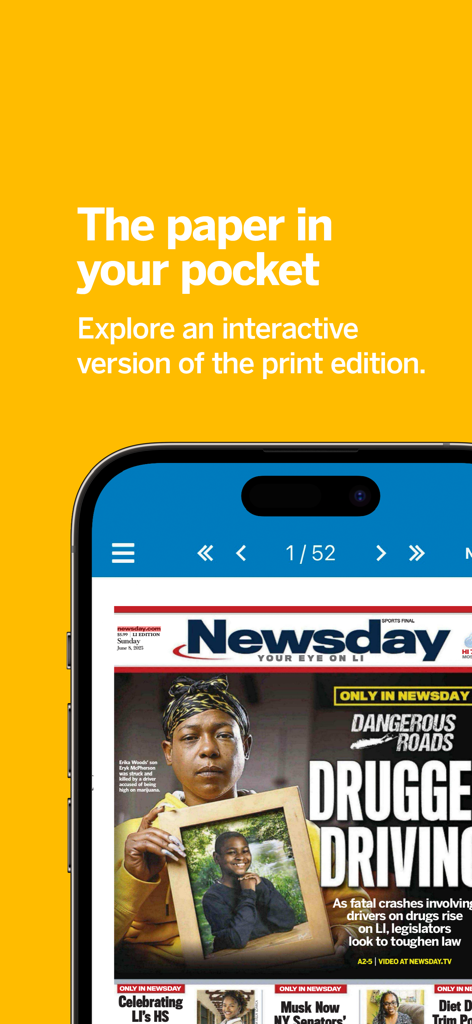 Newsday - Newsday-App, die eine interaktive digitale Nachbildung der gedruckten Zeitungsausgabe anzeigt
