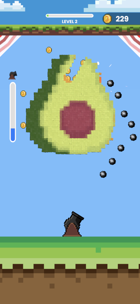 Cannon Crusher - Cannon Crusher mobile gameplay showing a cannon shooting black balls to destroy a pixelated avocado shape