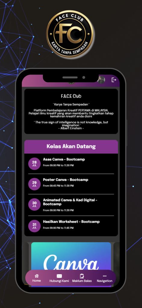 Face Club - Face Club app screen displaying a list of upcoming Canva design bootcamp classes