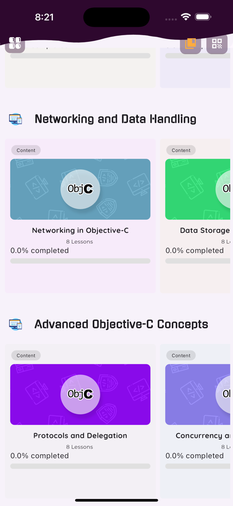 Learn Objective C Programming - Oberfläche der Learn Objective C Programming App, die Kursmodule für Netzwerke und fortgeschrittene Konzepte anzeigt
