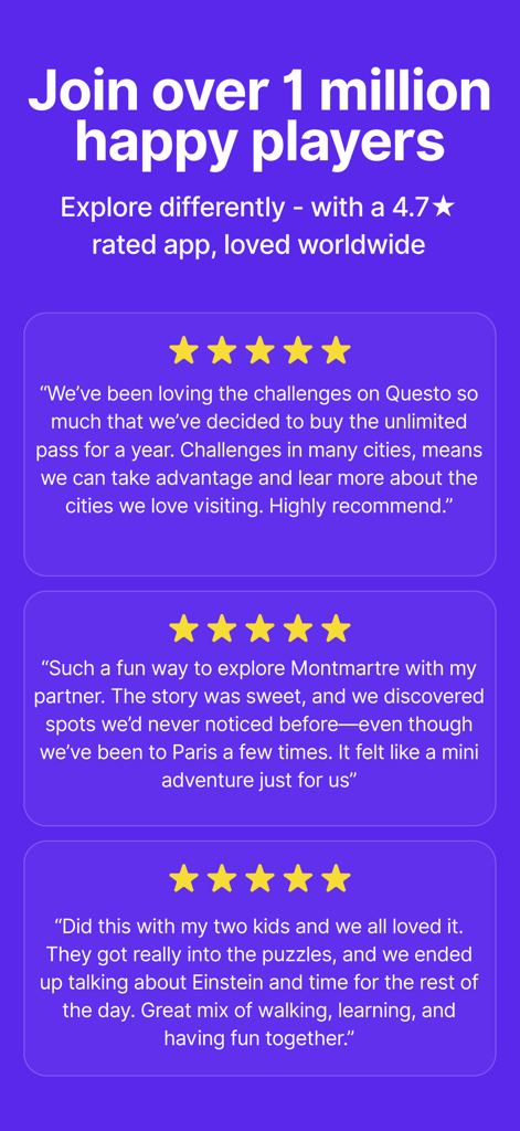 Recensioni e testimonianze degli utenti per Questo che mostrano una valutazione di quattro punti sette stelle e oltre un milione di giocatori felici