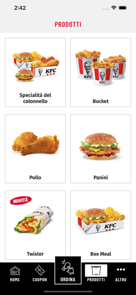 Écran du menu de l'application KFC Italia montrant des catégories d'aliments comme Buckets, Panini et Box Meals.