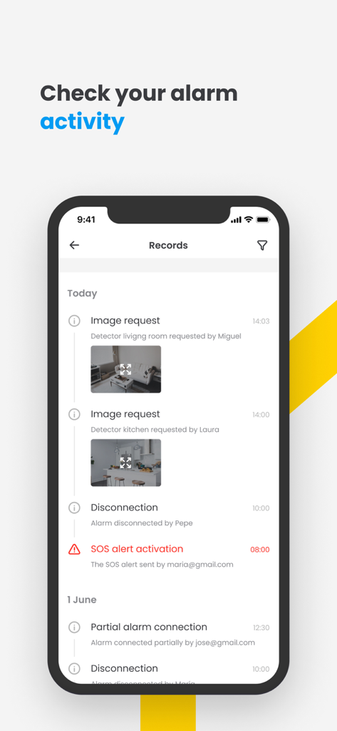 Un smartphone mostrando la interfaz de la aplicación Movistar Prosegur Alarmas con una línea de tiempo de registros de seguridad y logs de actividad.