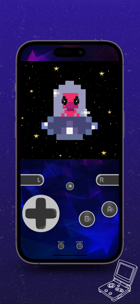 Interface do emulador iGBA mostrando um jogo retrô e skin de controle virtual personalizada