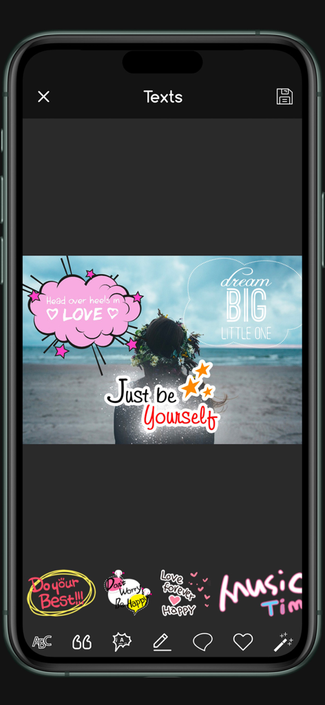 Interface of Font Candy app showing a photo edited with colorful text bubbles and creative stickers