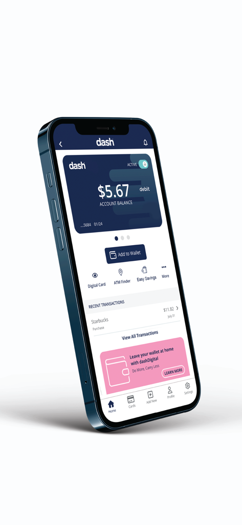 MyDashCard mobile app interface showing account balance recent transactions and digital card features