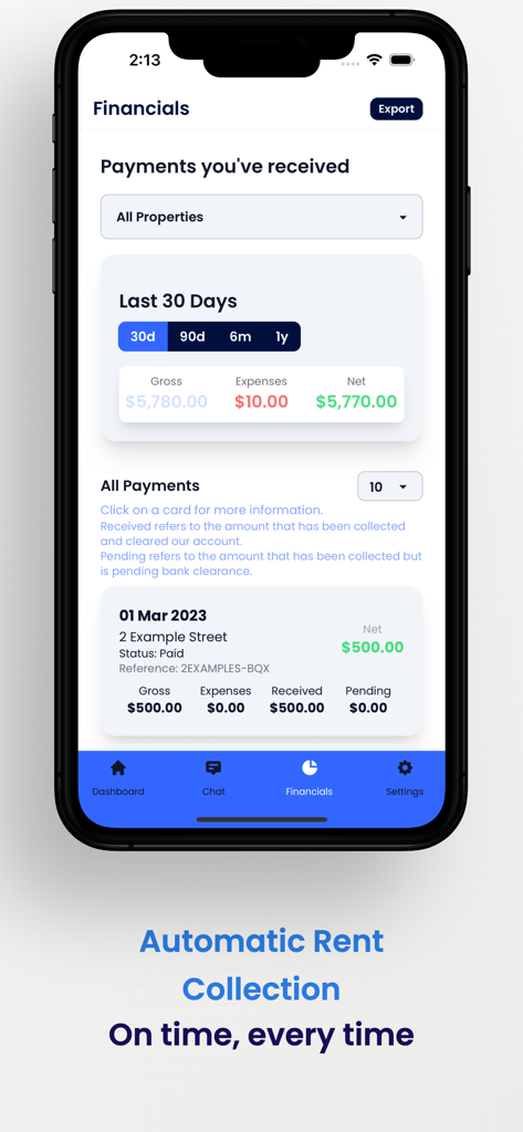 Keyhook - Keyhook mobile app financials screen showing automatic rent collection and income summary