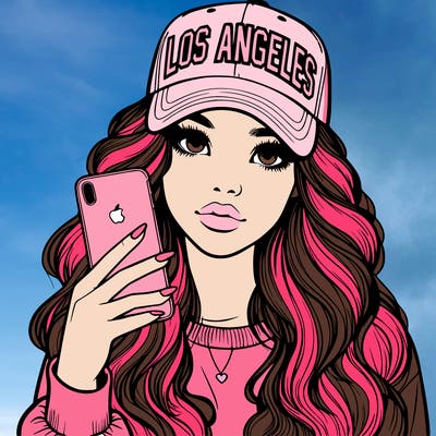 realistic beautiful girl wearing los ángeles cap holding an iphone