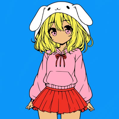 pretty anime girl wearing a fluffy hoodie with bunny ears on the hood and a skirt