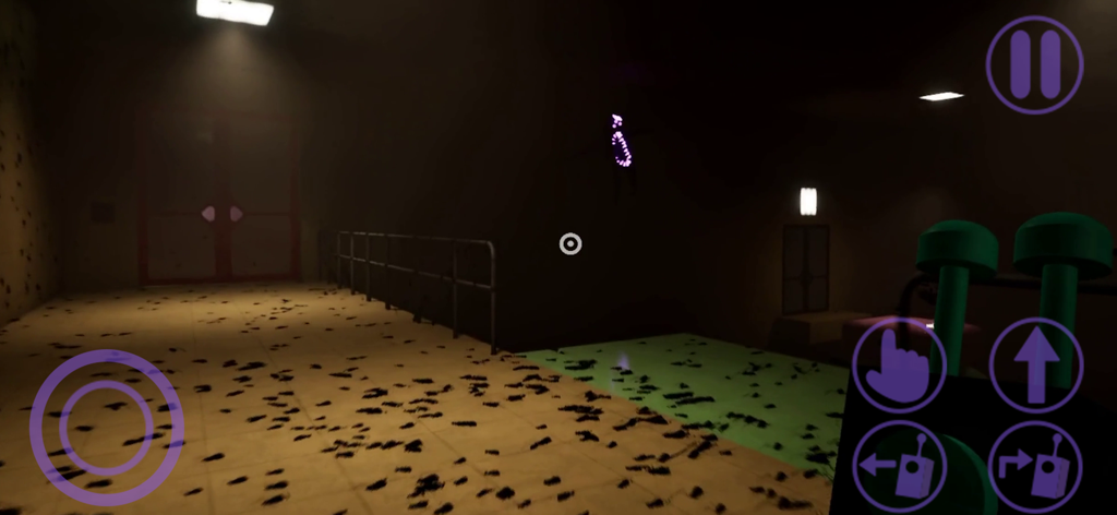 First person view of a dark room in Garten of Banban 7 with mobile controls and a glowing purple monster face in the distance