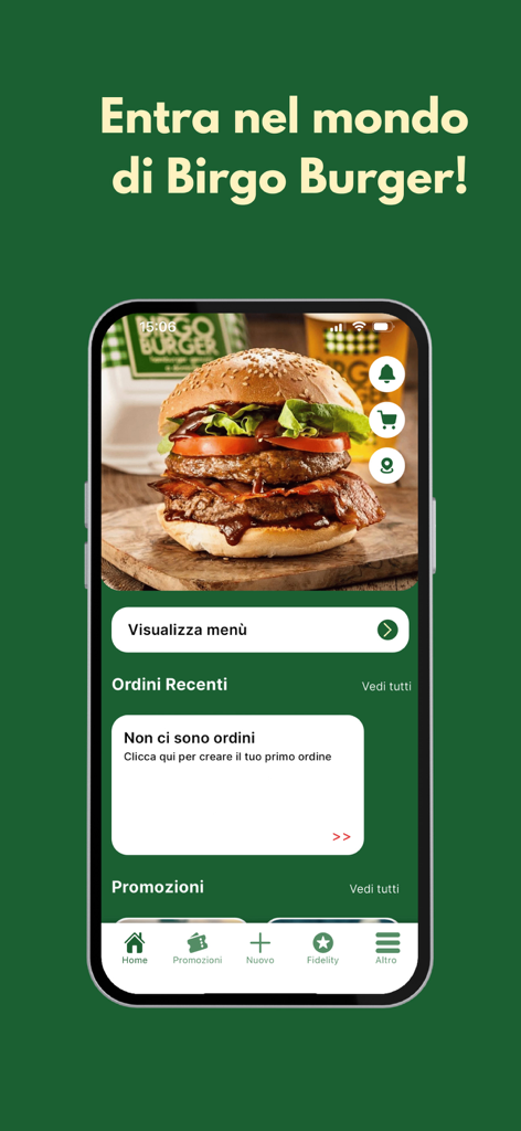 Birgo Burger - Birgo Burgerのモバイルアプリのホーム画面。大きなグルメバーガーとメニューオプションが表示されています。