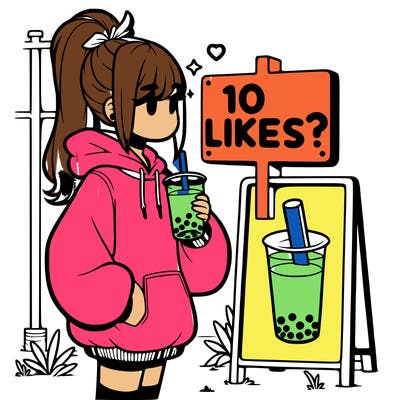 girl with oversized hoodie drinking boba and she has a high ponytail with a sign that says 10likes?