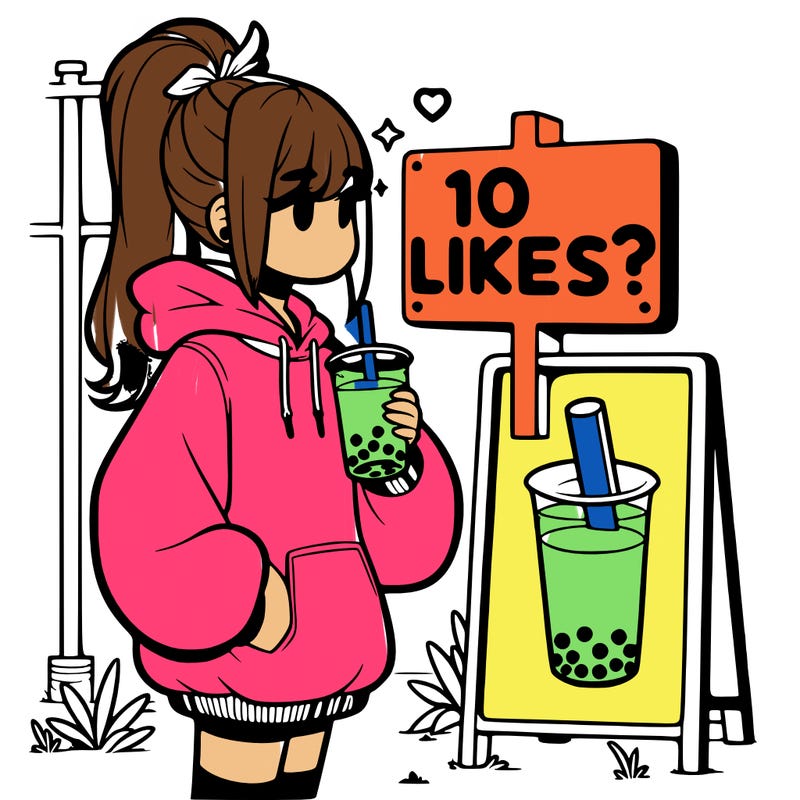 girl with oversized hoodie drinking boba and she has a high ponytail with a sign that says 10likes?