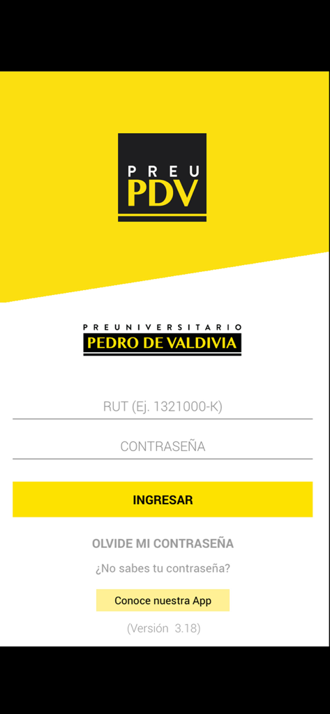 Preu PDV - Login screen of the Preu PDV mobile application for students of Preuniversitario Pedro de Valdivia.