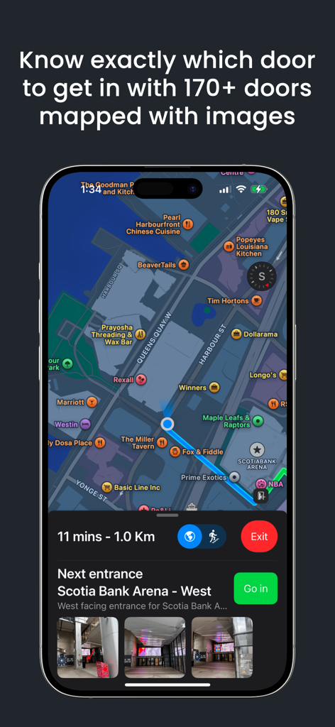 Toronto Path - Toronto Path app interface showing a map route and photos of building entrance doors for navigation