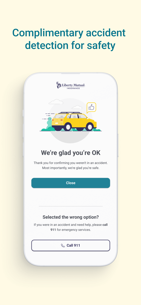 Liberty Mutual Mobile - Liberty Mutual mobile app screen showing complimentary accident detection and emergency safety features
