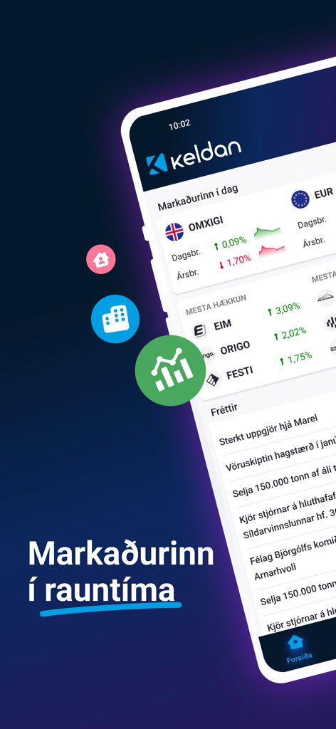 Keldan App - Keldan 앱 대시보드의 실시간 아이슬란드 시장 데이터 및 금융 뉴스.