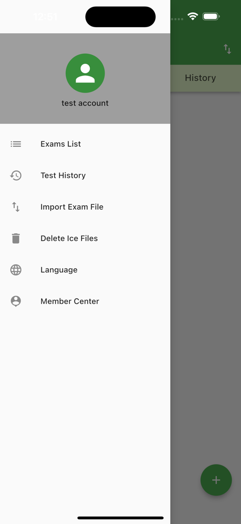 Ice Cert Engines - Side navigation menu of the Ice Cert Engines app displaying user account and study tools