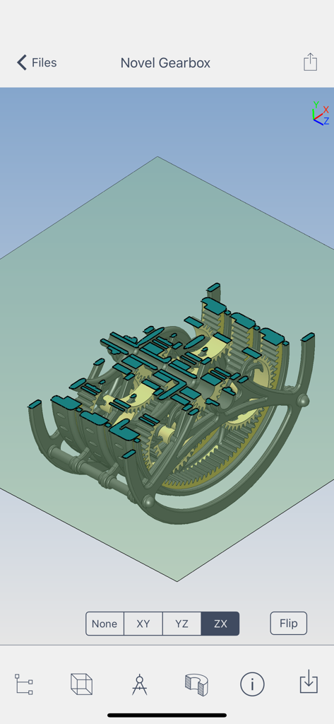 Aplicación Glovius mostrando una vista de sección dinámica del plano ZX de un modelo CAD 3D de caja de cambios