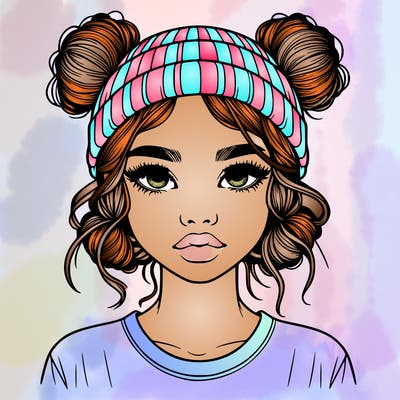 realistic girl with buns in her hair with a beanie on