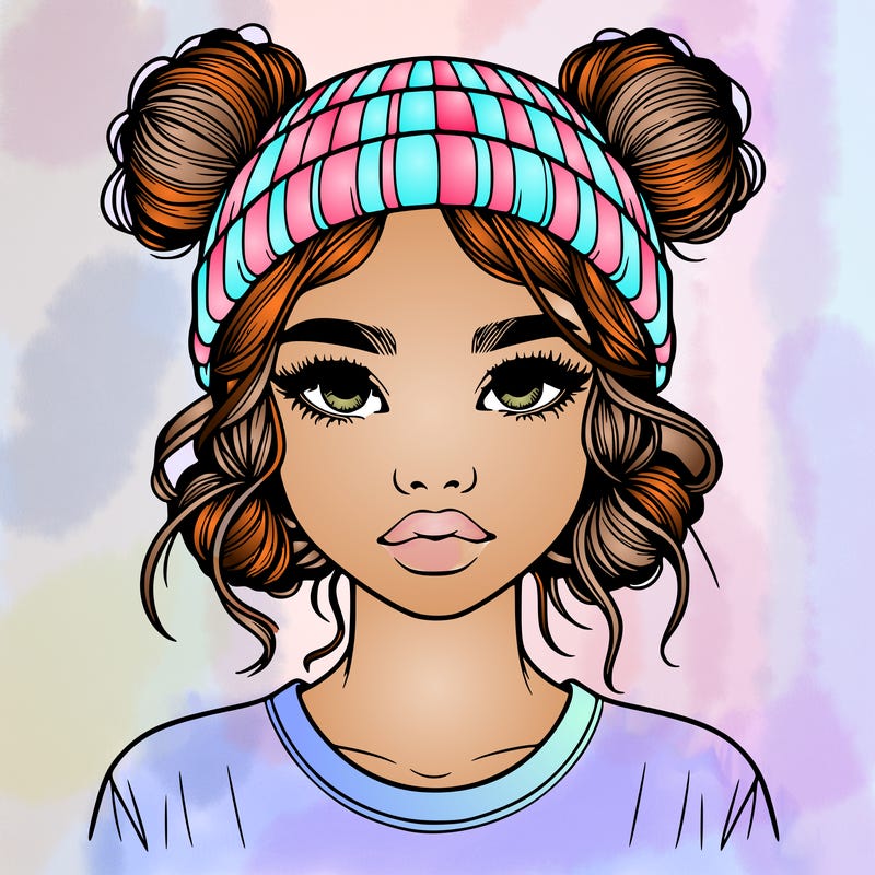 realistic girl with buns in her hair with a beanie on