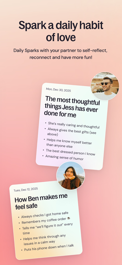 Ember: AI Relationship Coach - A screenshot of the Ember app showing the Daily Sparks feature with personalized relationship prompts and reflections for couples