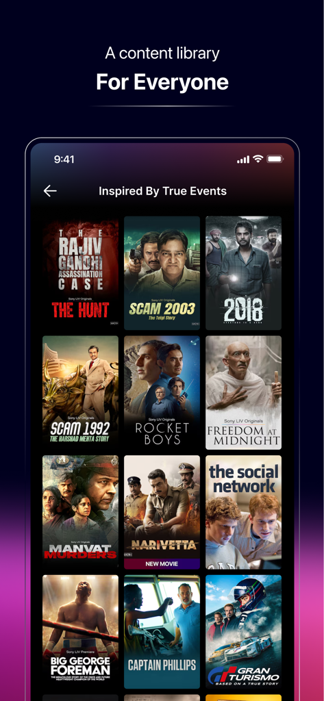 Sony LIV - Interfaccia dell'app mobile Sony LIV che mostra una libreria di film e serie ispirate a eventi reali, inclusi Scam 1992 e Rocket Boys