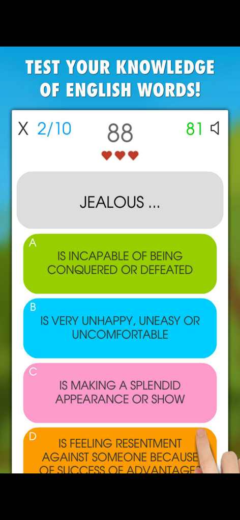 Educational game screen for Spelling Bee Word Quiz matching the word jealous to its correct definition.