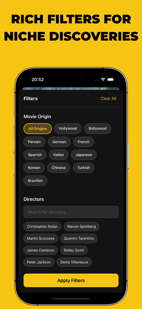 MovieTok: Shorts for Movies - MovieTok app interface showing advanced movie filters for origin and directors