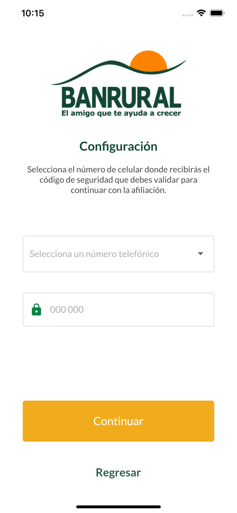Código Banrural - Banrural security token app configuration screen for phone number selection and security code verification