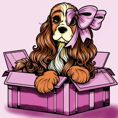 a spaniel american cocker with a beautiful bow coming out if a box realistic cute