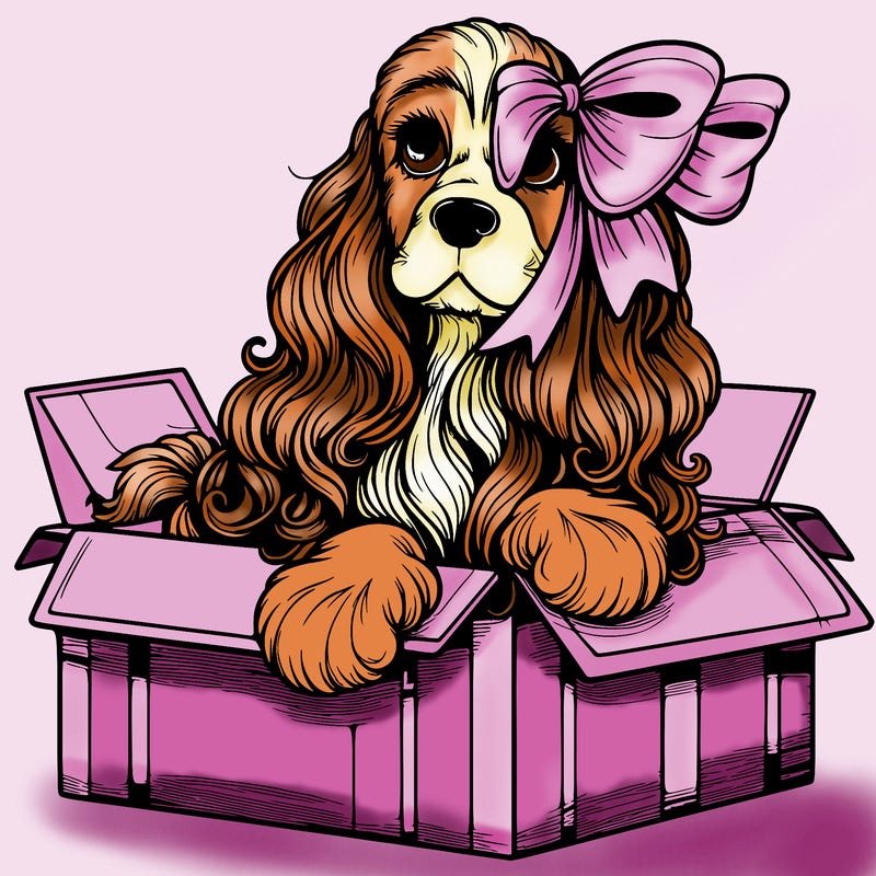 a spaniel american cocker with a beautiful bow coming out if a box realistic cute