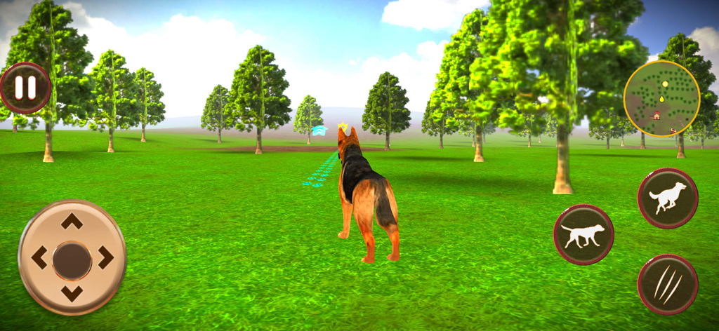 Dog Life Simulator: Dog Games - German Shepherd dog in a grassy field with trees and game controls in Dog Life Simulator