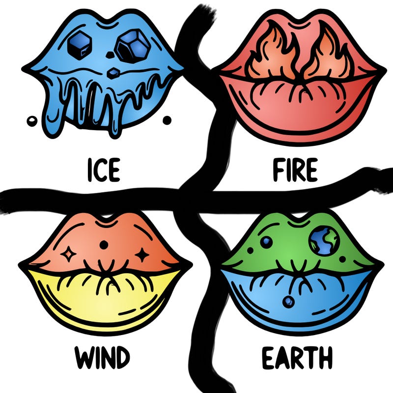 realistic lip split in fourth . 1 fourth ice 1 fire 1wind 1 earth
