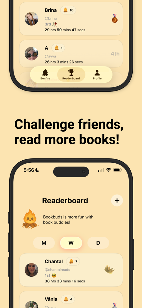 A mobile interface for the BookBuds app showing a social readerboard where friends track their reading time and streaks