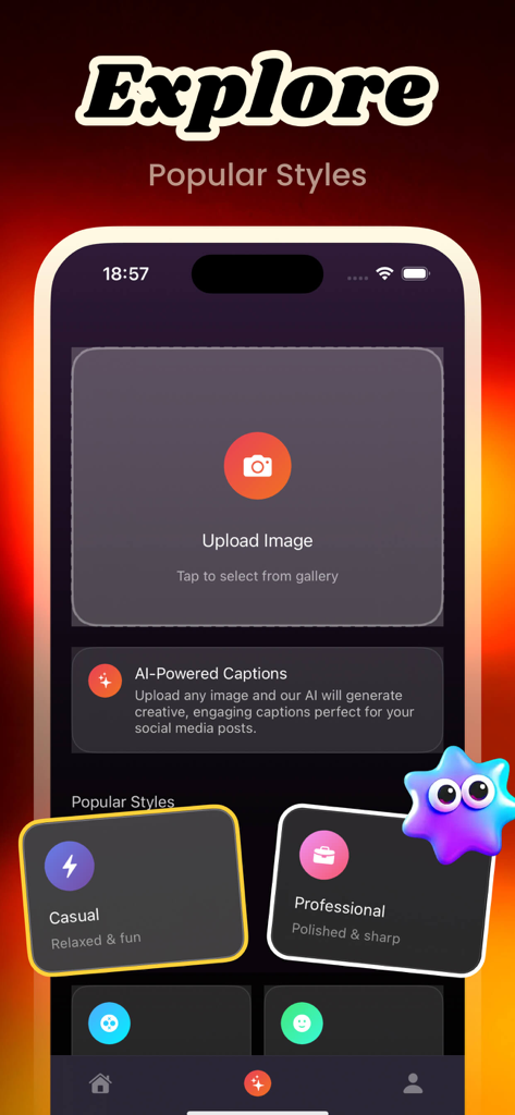 Olia app interface showing options to upload an image and choose between casual or professional AI-powered caption styles.