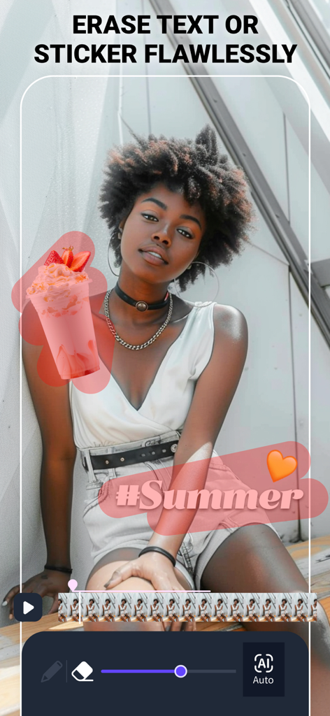 Video Eraser & Remove Objects - Interface of an AI video editing app showing a user selecting a summer sticker and a drink to be removed from a video frame.