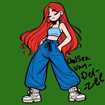 girl in baggy pants crop top and long hair