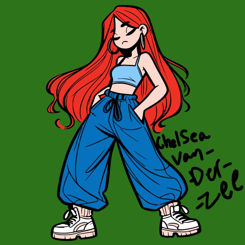 girl in baggy pants crop top and long hair