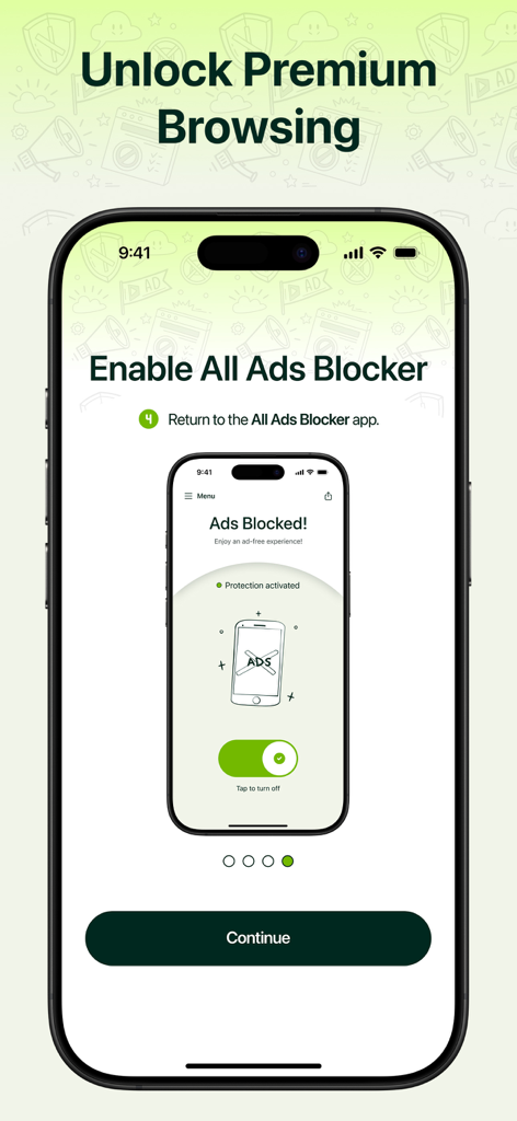 All Ads Blocker - Anti SPAM - Interface of All Ads Blocker app showing protection activated for a premium browsing experience on iPhone.