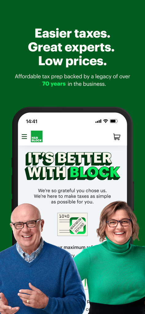 HR Block tax prep app interface featuring expert assistance and a maximum refund guarantee.
