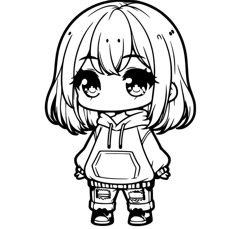 cute chibi girl with medium length hair, an oversized hoodie, and jeans
