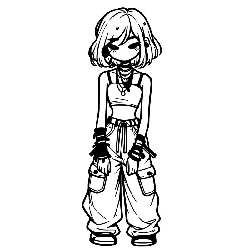 girl with baggy pants and and a crop top and a lot of bracelets with braces