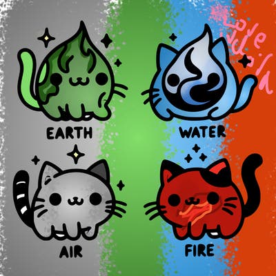 4 cats that represent the different elements, earth, water, air, and fire