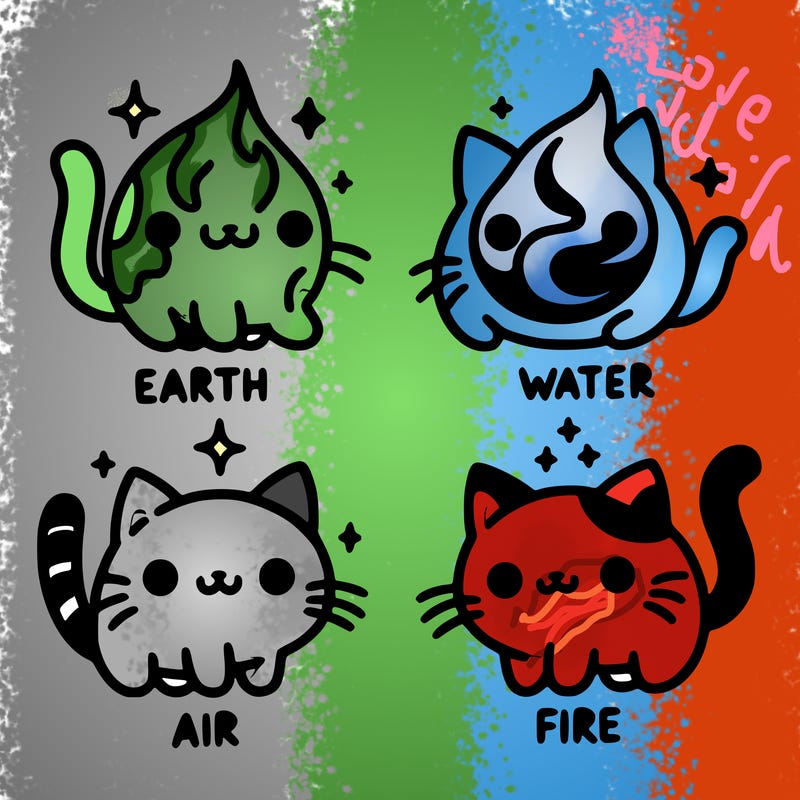 4 cats that represent the different elements, earth, water, air, and fire