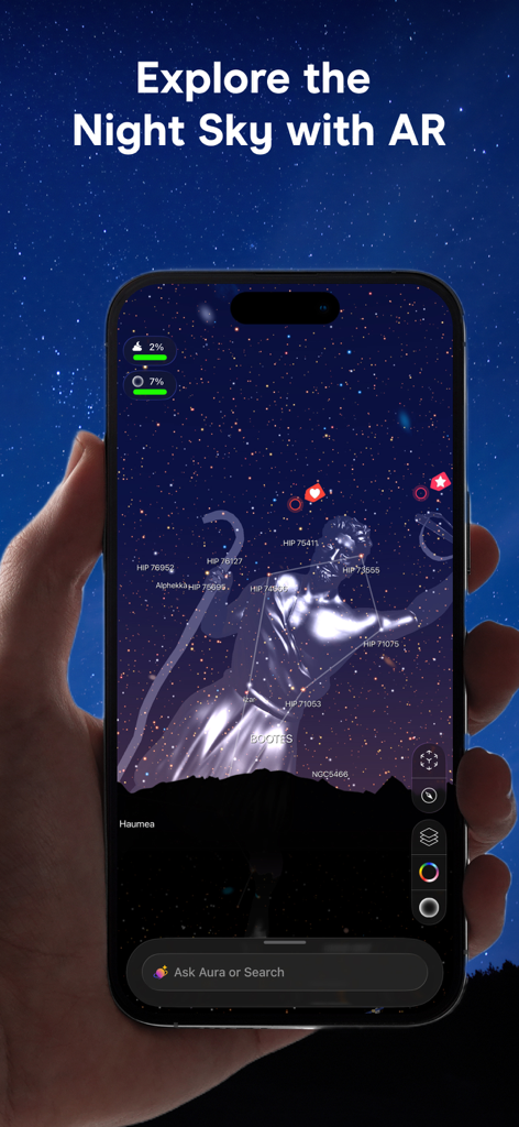 Hand holding an iPhone using the Night Sky app to identify constellations in augmented reality